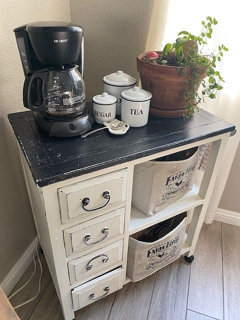 coffee and tea cart fully stocked