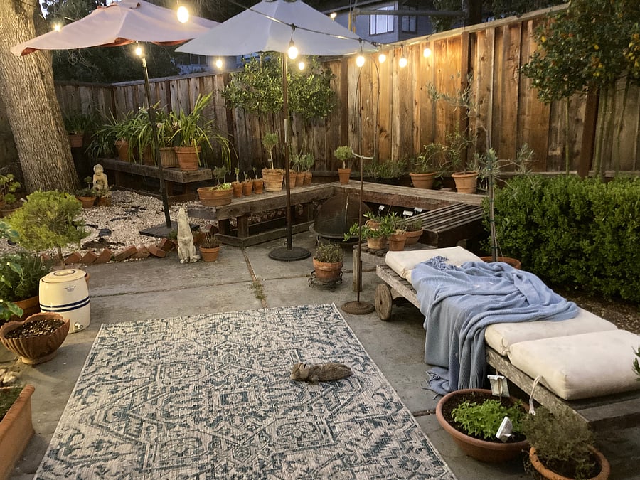 Lighted backyard for having dinner, entertaining or hanging out.. 