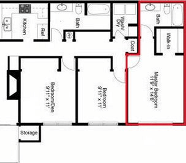 Condo floor-plan. Master suite is outlined in red