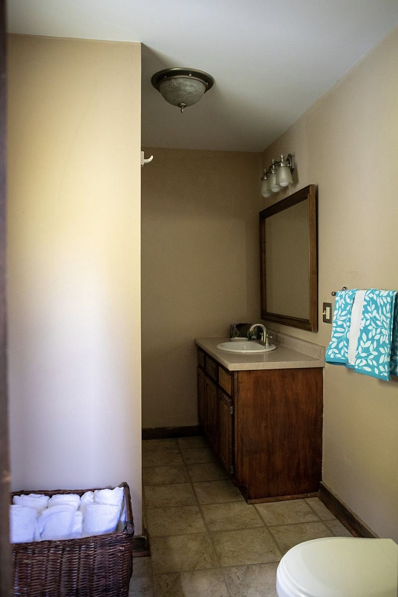 This bathroom has a tub and shower.