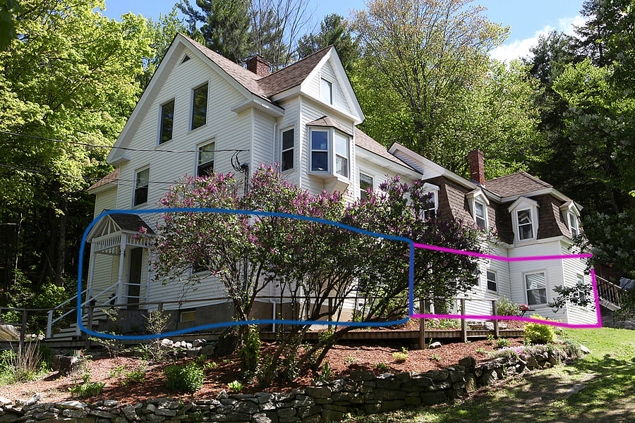 The house has three furnished apartments. This unit is in the front on the ground floor (outlined in blue).