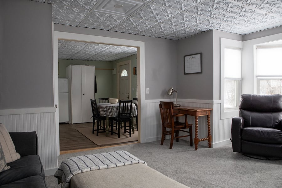 this is the view of the kitchen/entrance from the living room.