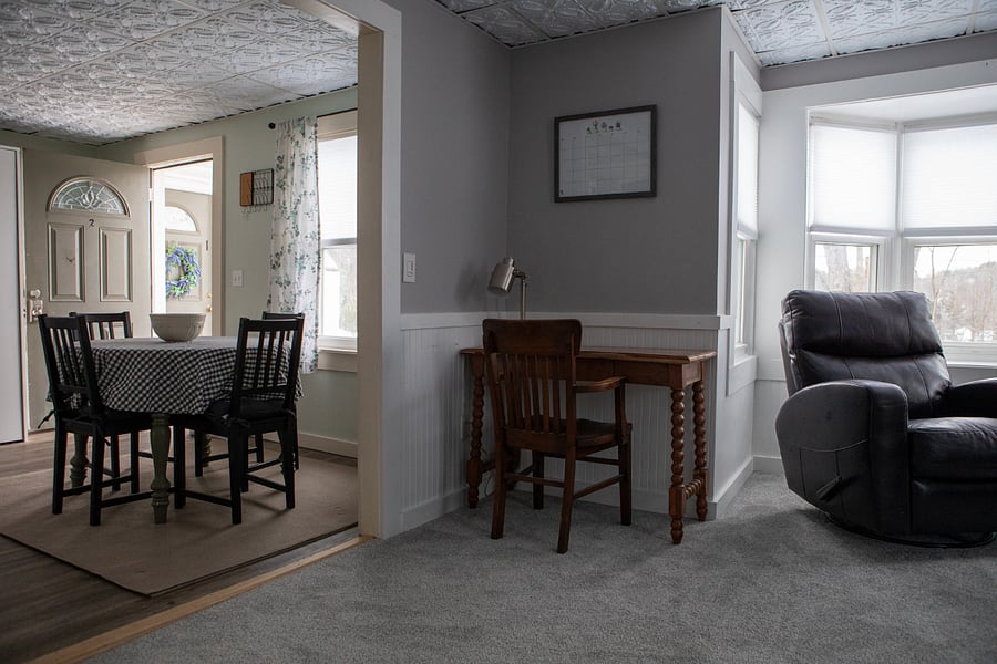 this is the view of the kitchen/entrance from the living room.