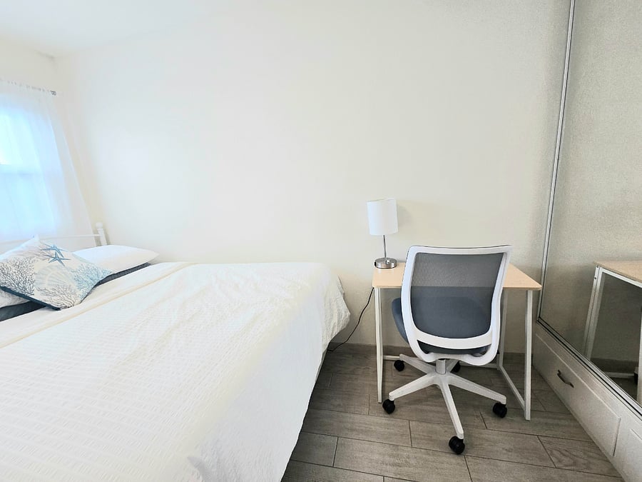 Small bedroom. Both bedrooms have blackout shades, a desk, office chair and ceiling fan.