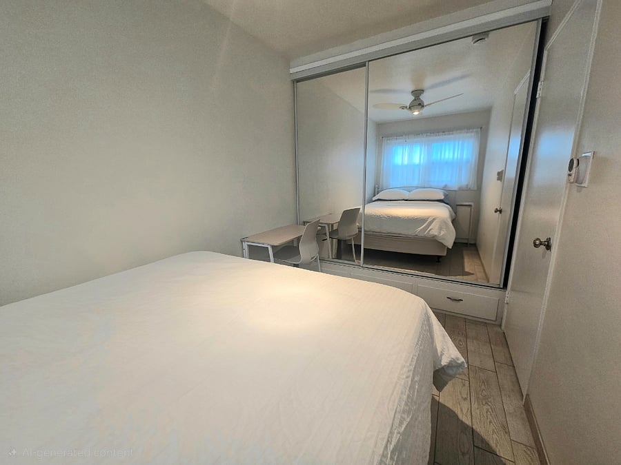 Small bedroom. Both bedrooms have mirror closet doors.