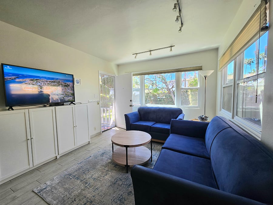 Living room with two blue sofas, 50 inch TV, wall cabinet.