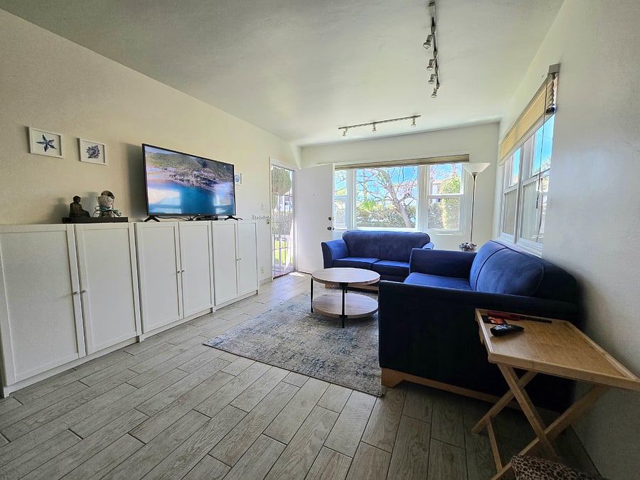 Living room with two blue sofas, 50 inch TV, wall cabinet.
