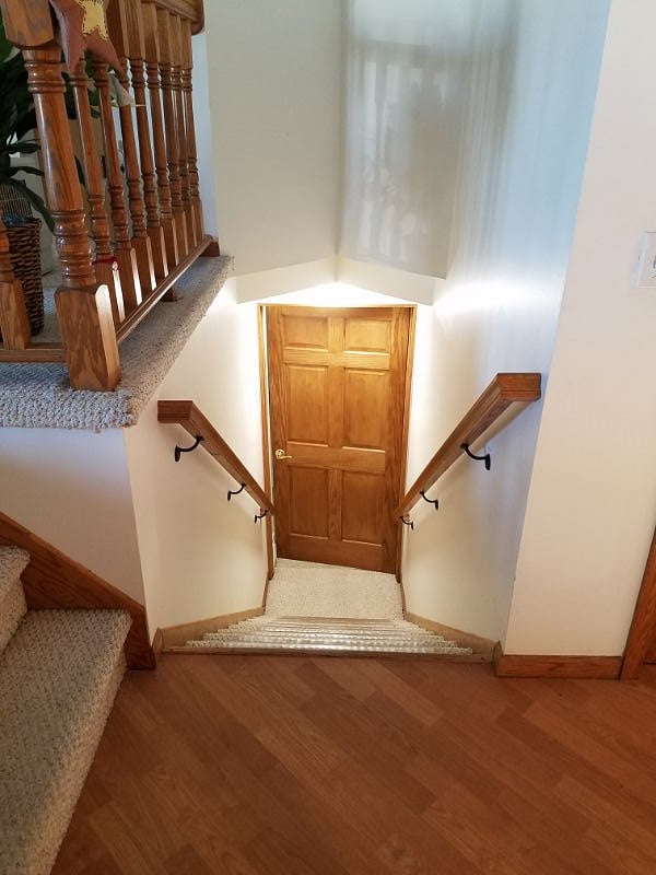 Stairs to the lower level from the entrance foyer