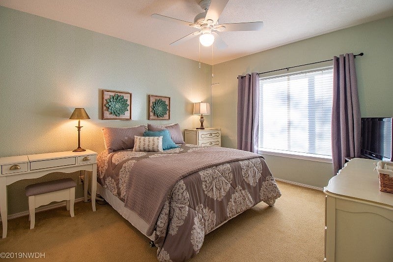 Master suite includes quality queen mattress and storage furnishings including desk/vanity, chest of drawers, dresser