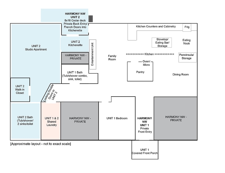 Floorplan for entire property. Harmony Unit 2 is highlighted in light blue and shared laundry is highlighted in pale pink. Area in white is occupied by renter in Harmony Unit 1