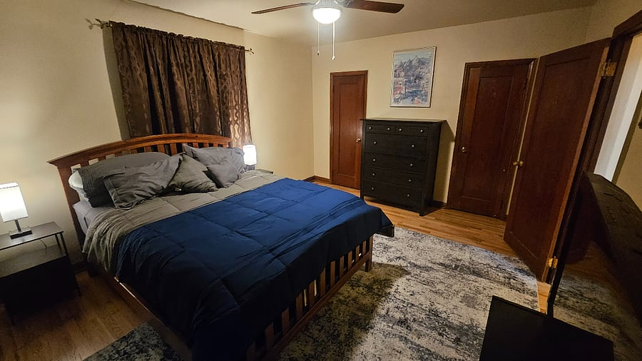 Master bed with view of back yard, with multiple closets and TV