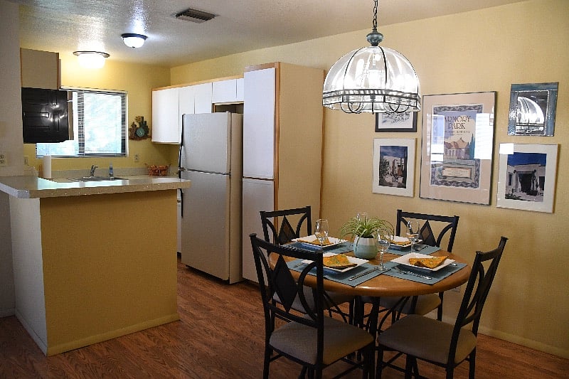 Dining area and view towards kitchen