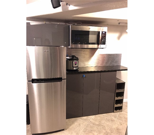 Kitchenette refrigerator, convection microwave and induction cooktop