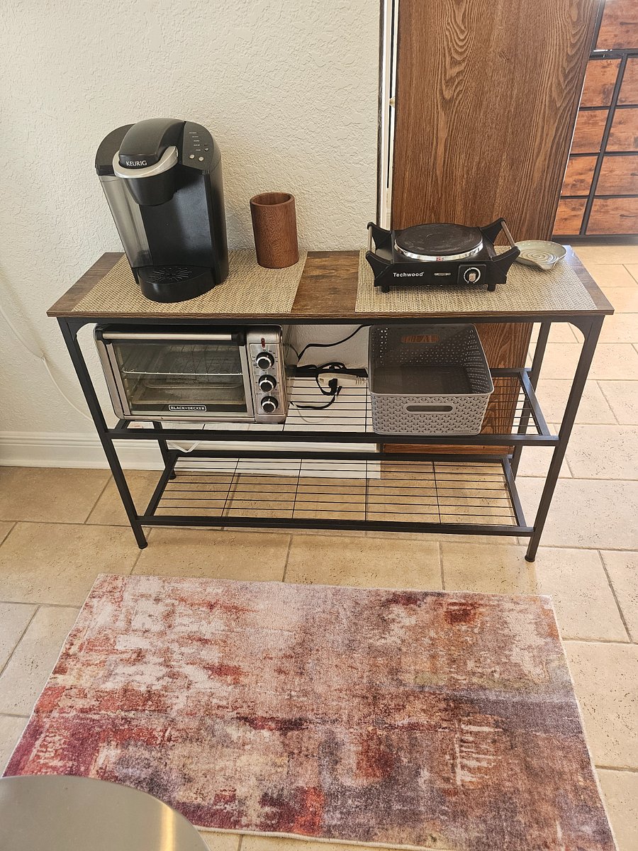Keurig coffee maker, toaster oven, and single burner hotplate.
