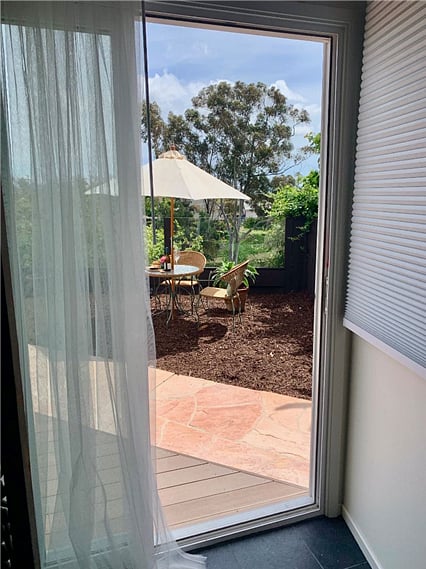 View to the outside from the huge sliding landscape doors.