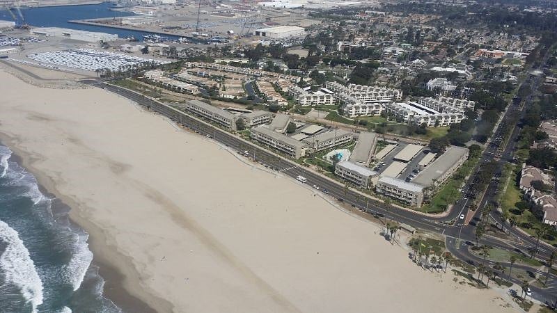 An aerial view of the complex right across the street from the beach.