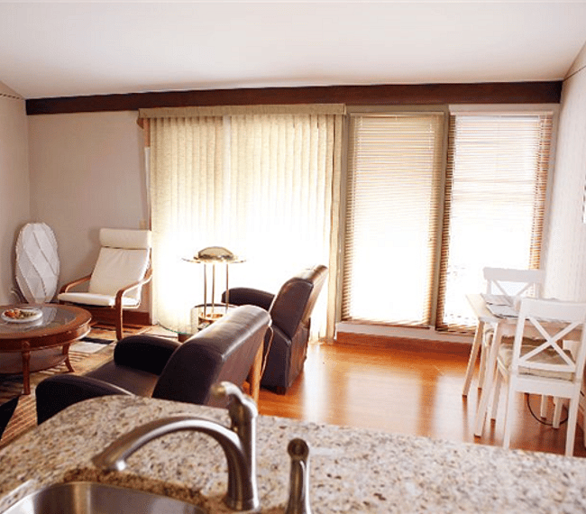 Vaulted ceilings, lots of light, direct access to decks in front and side