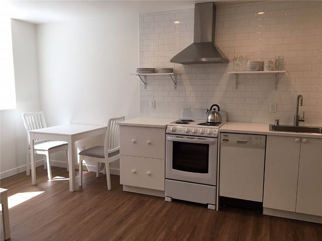 kitchen with eating space for 2 . Table expands to seat 4.