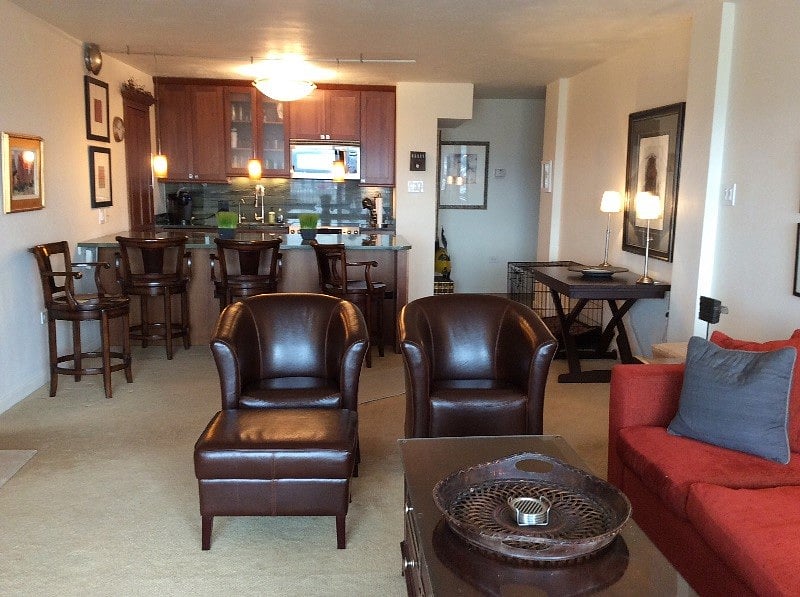 Unit living room looking towards kitchen