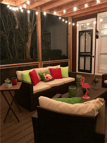 PRIVATE BACK PORCH WITH BEAUTIFUL LIGHTING LANDSCAPE, BIG SCREEN TV SOFA, CHAIRS BAR BQ GTILL and so much more.