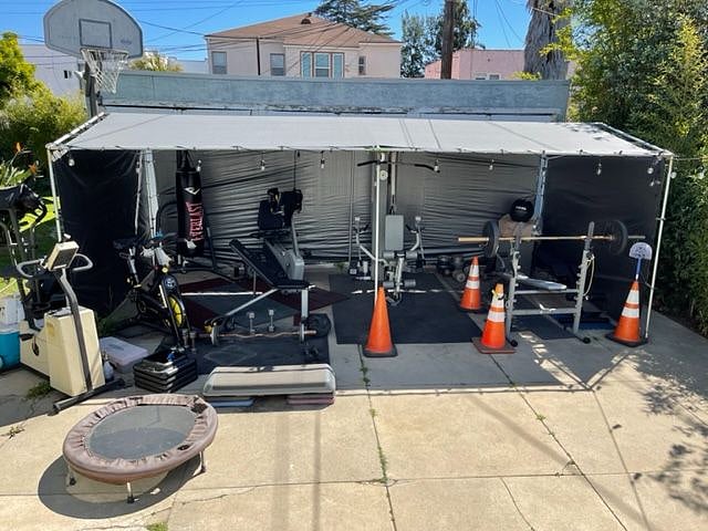 Shared gym and backyard area.