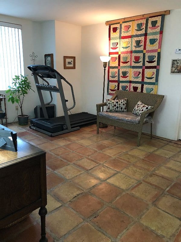 Interior Cozy Condo lower floor sitting area - treadmill - tv- fridge - desk