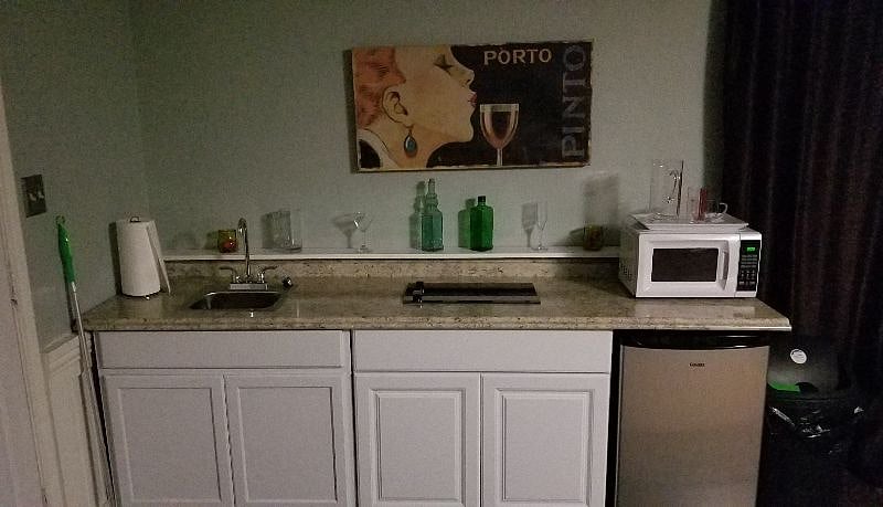 Stove, sink, microwave and mini fridge, perfect for making easy meals. Plus dinnerware and cookware provided.