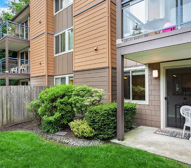 View from the outside patio. Private ground level floor with only 6 units in the building.
