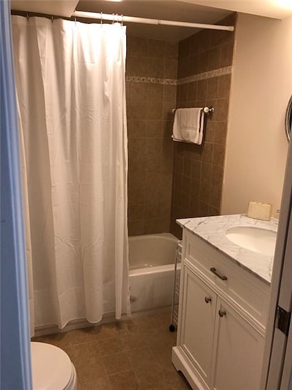 full shower over tub bath, new vanity