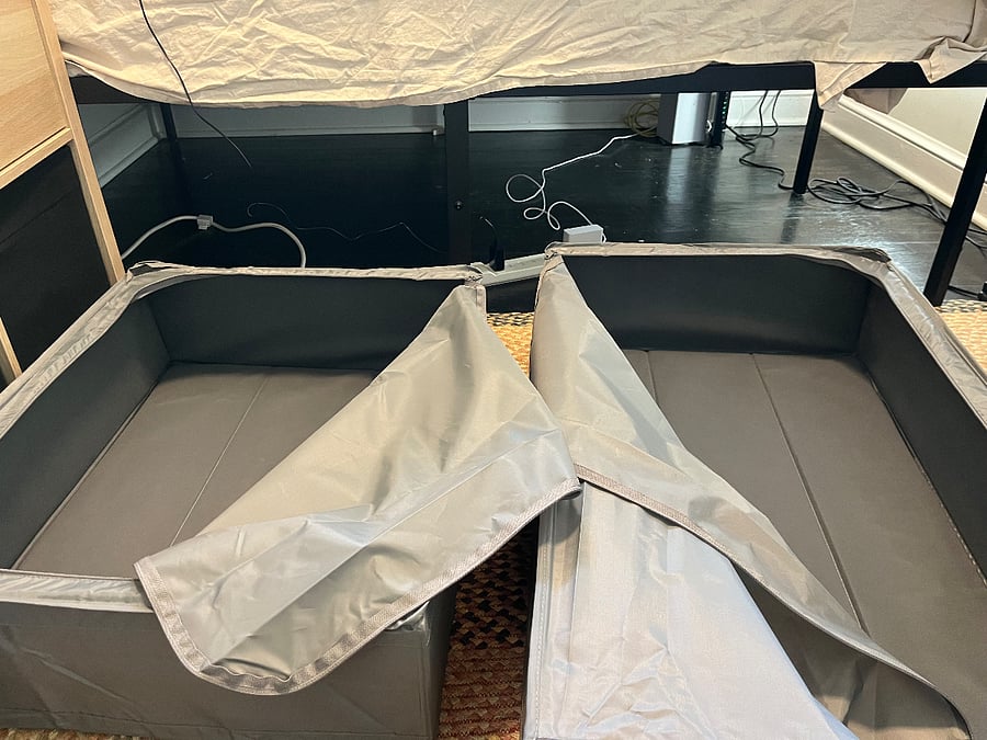 Bed frame sits 18" off the ground. Lots of storage space.
