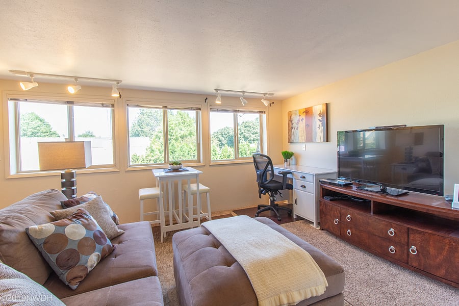 Living area includes 46" TV. Note (picture taken before blackout curtains were installed)