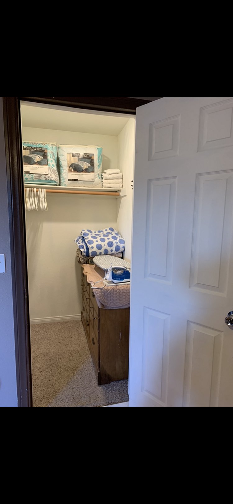 A Walk In Closet with lock for your things to keep. ,Extra Linens 
such as beddings, comforter, towels, hand towels, face towels and hangers are kept. An iron with ironing board to use when needed.