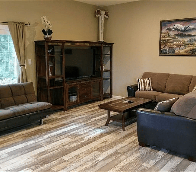 Another view of living room with single person futon. Single person futon can be moved into pool room to act as a second bedroom