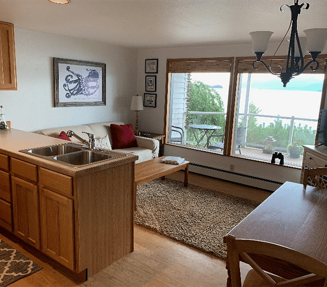 Living room / kitchen area with view.