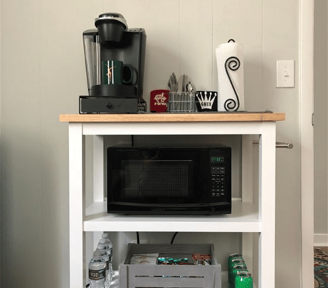 Keurig, microwave, snack station.