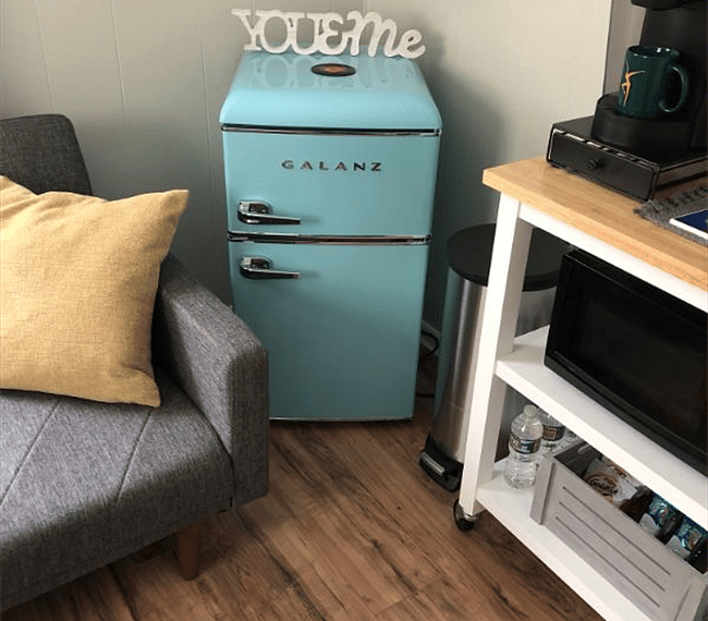 Mini retro fridge with separate freezer.