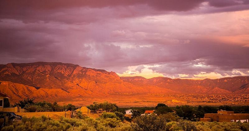 view from studio of mountain at sunset