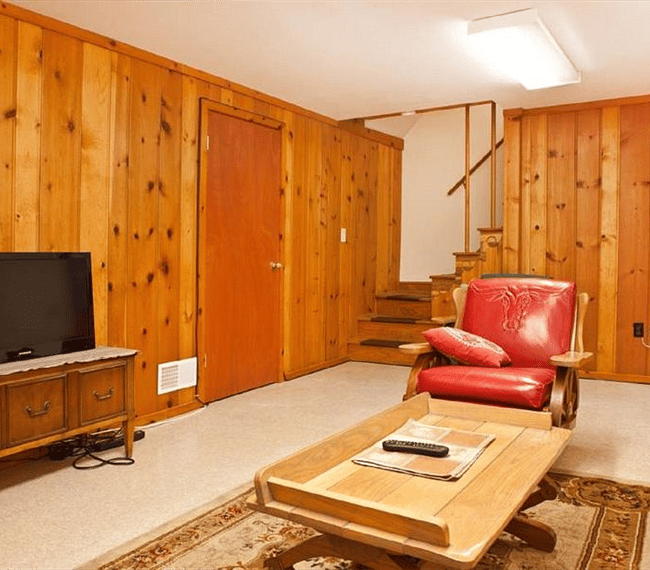 living room showing the pine walls and coffee table,tv