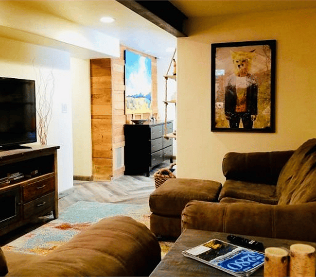 Cozy living room with Smart TV and DVDs