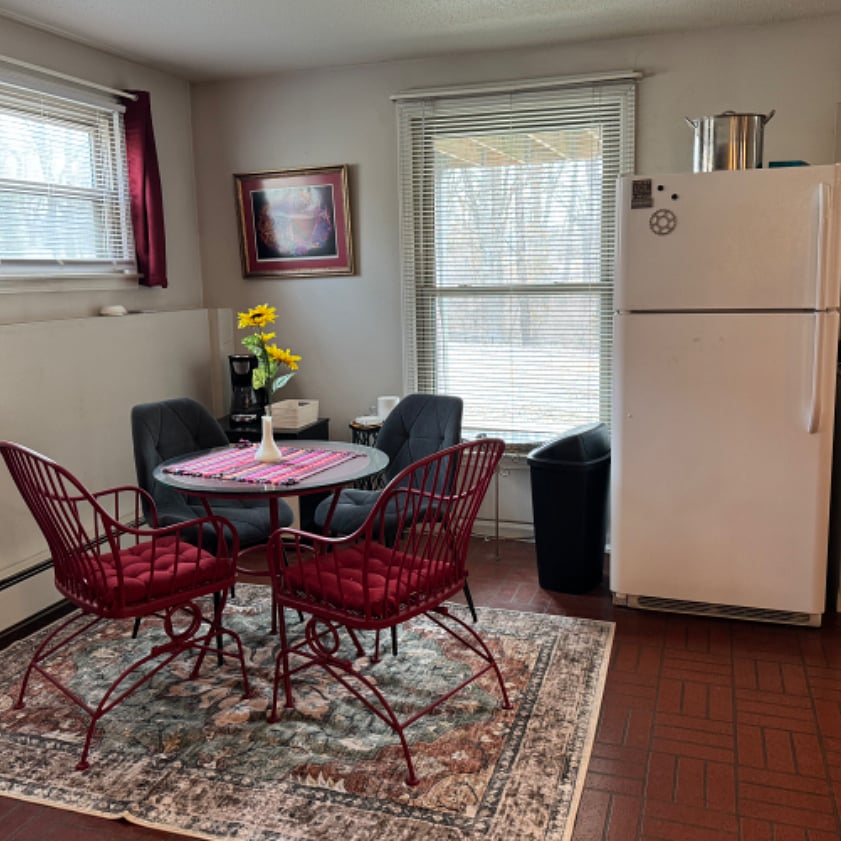 Morning sun streams into this little dining nook