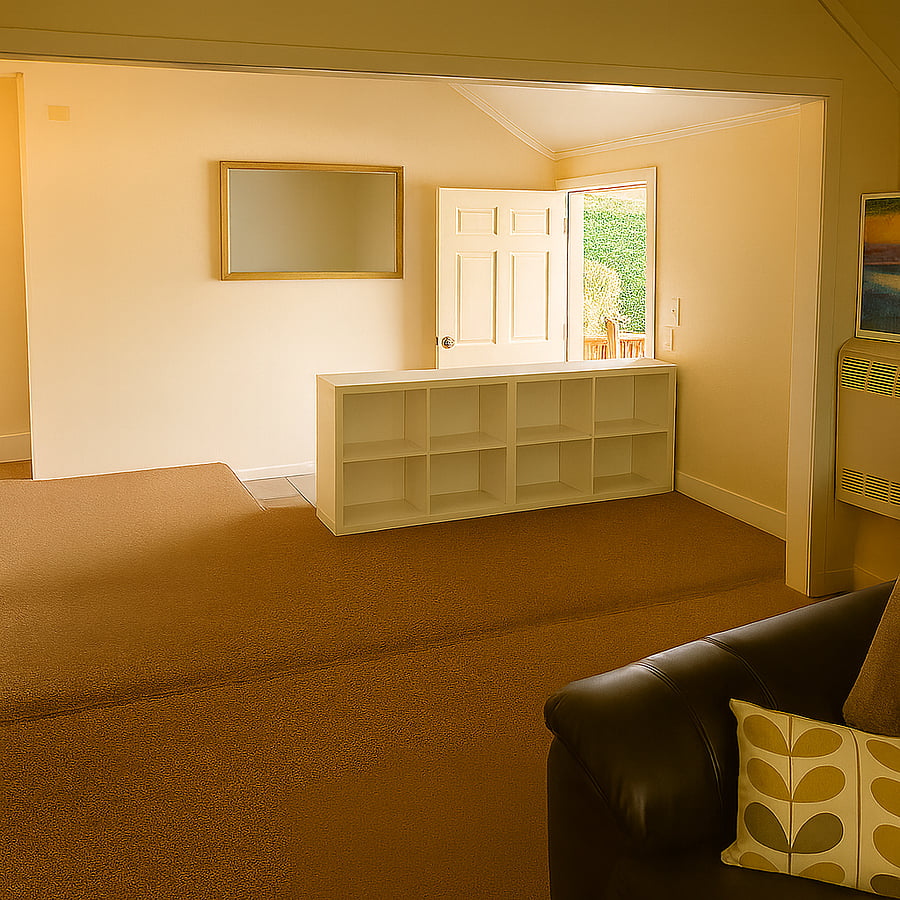 Quiet, light-filled living space with comfortable seating and a functional layout for extended stays.