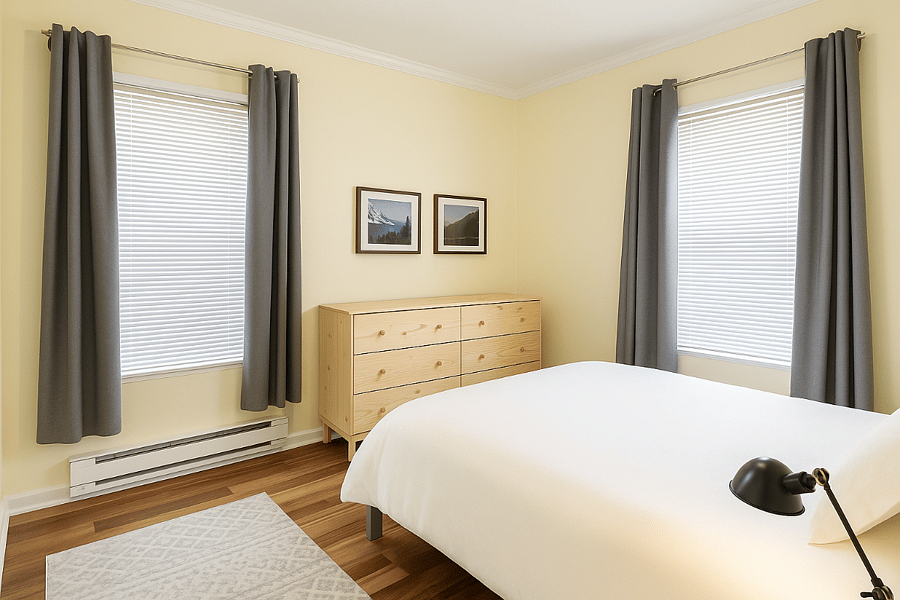 Calm, comfortable bedroom with a queen bed, blackout curtains (or open to let natural light in), soft linens and ample storage for longer stays.