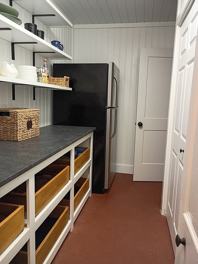 Oversize pantry with 8' counter, 6 full extension slide out drawers, 2 8' shelves and 18 cubic foot frig