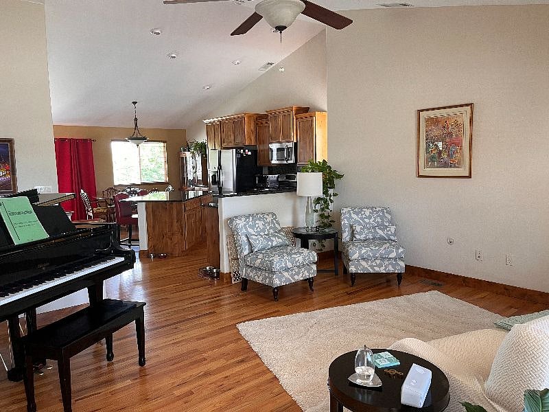 Main floor living room kitchen and dining room.