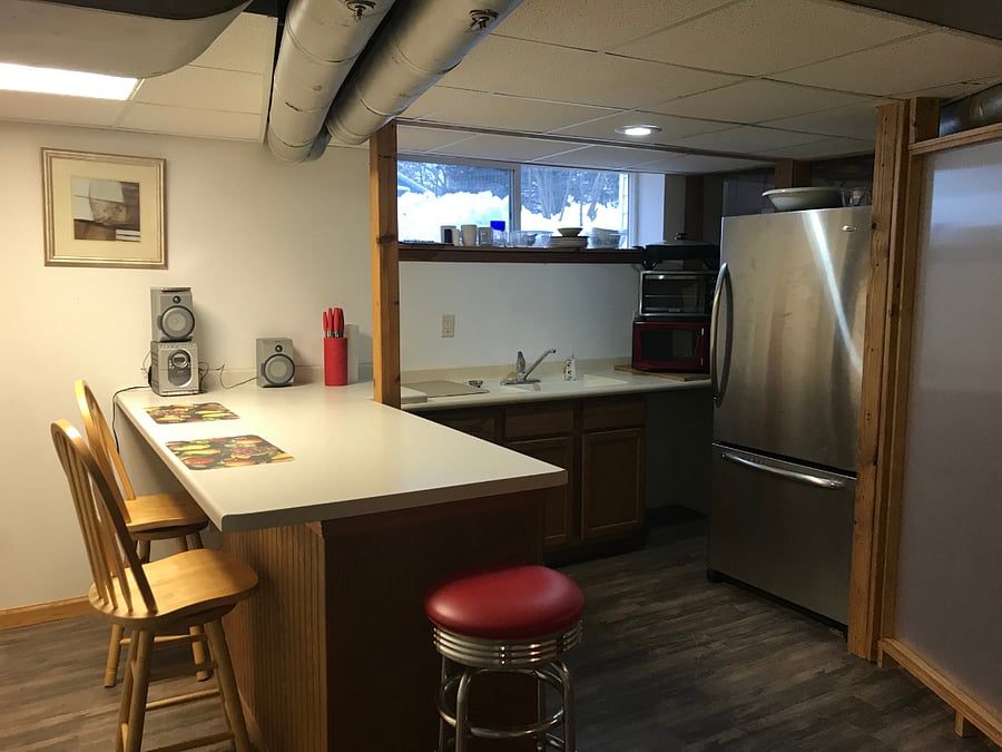 Kitchen with eating bar.