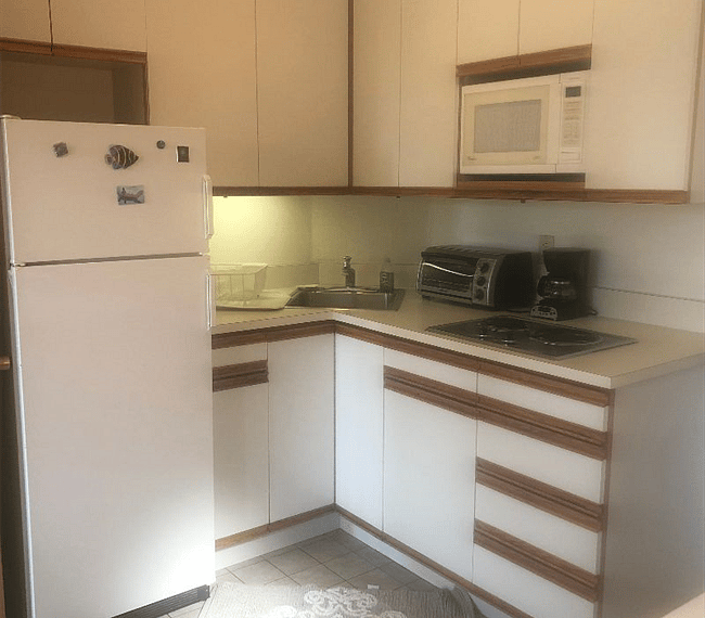 Kitchen close-up. Ample cabinet space.