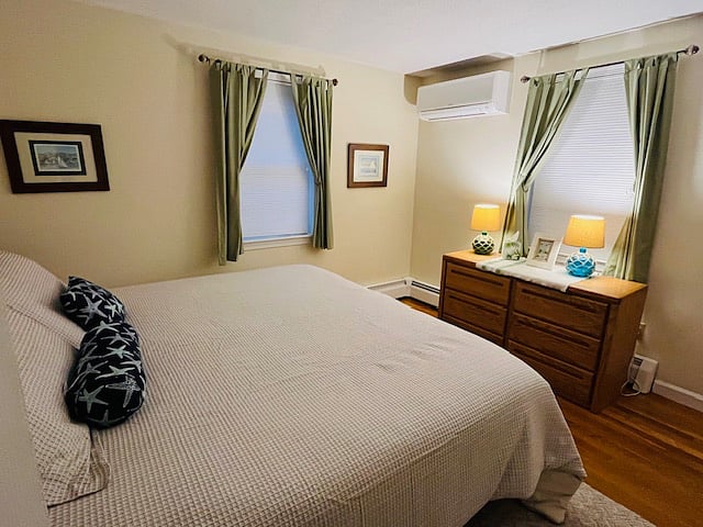 offers dresser and full size closet.