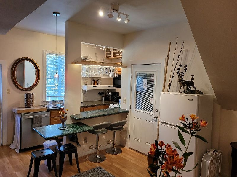 view from living area towards kitchen
