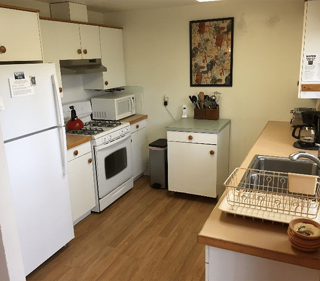 Fully-equipped kitchen with gas stove and oven, microwave, blender, full-sized refrigerator.