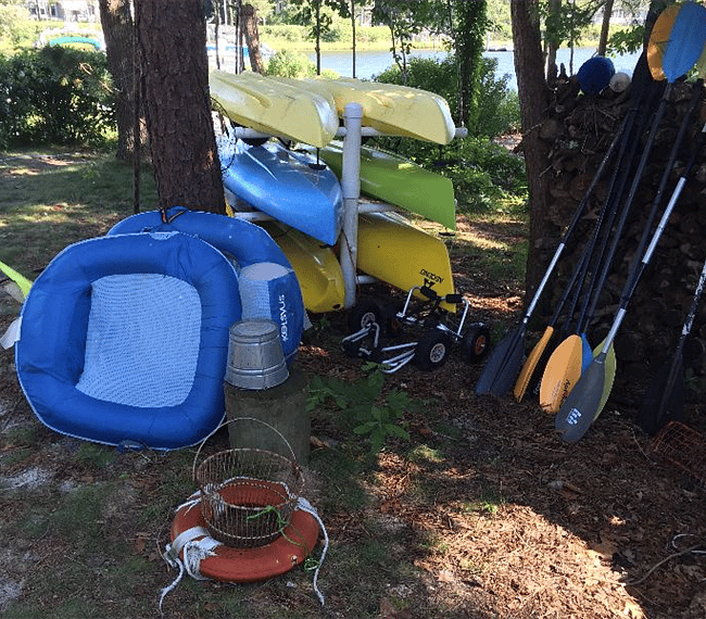 Kayak rack with six kayaks.